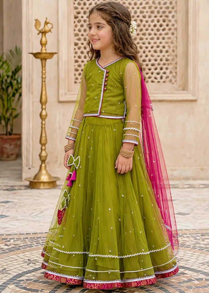 Modest Girls 3 Piece Green Net Lehenga