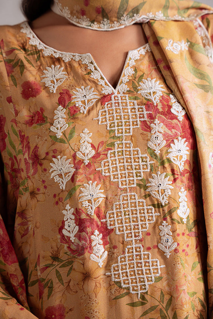 Cross Stitch - Mustard Orchid - Linen Printed Suit - 3 Piece - Unstitch
