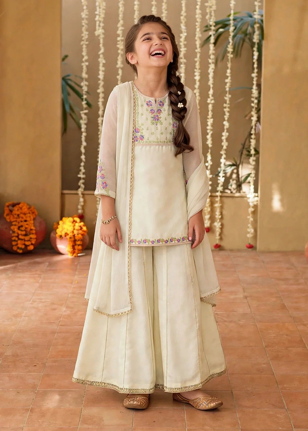 Modest 3 Piece Off White Chiffon Embroidered Sharara