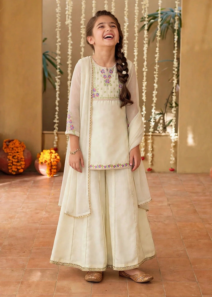 Modest 3 Piece Off White Chiffon Embroidered Sharara