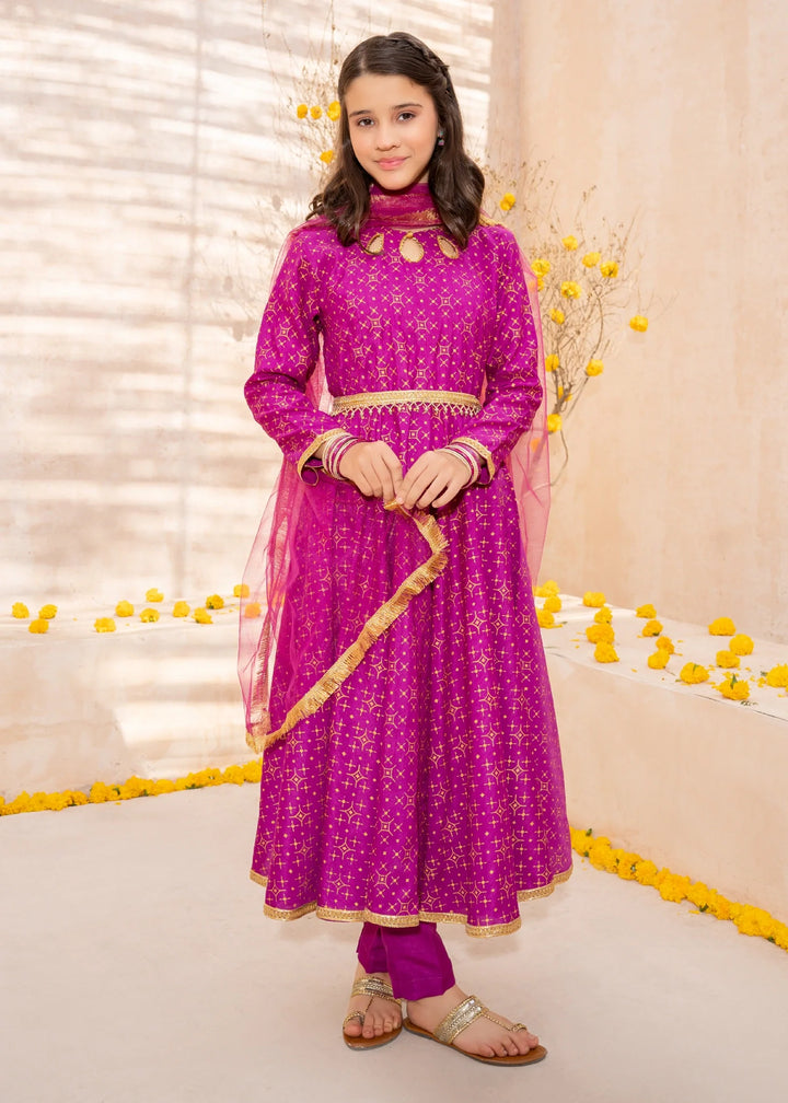 Modest - Purple Rawsilk Printed Frock For Girl - 3 Piece