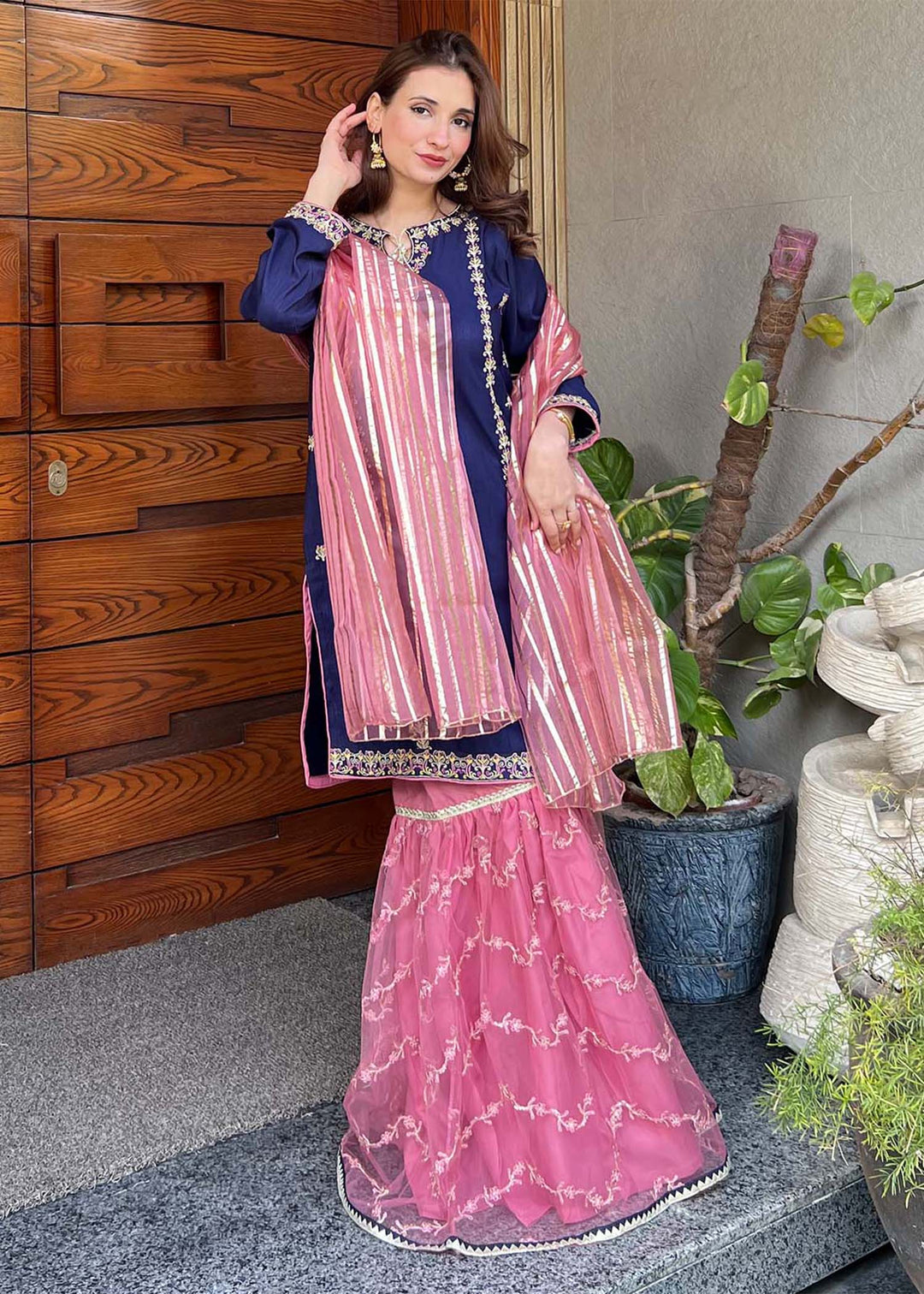 Modest - Gulnoor Rawsilk Gharara Suit For Women - Blue - 3 Piece