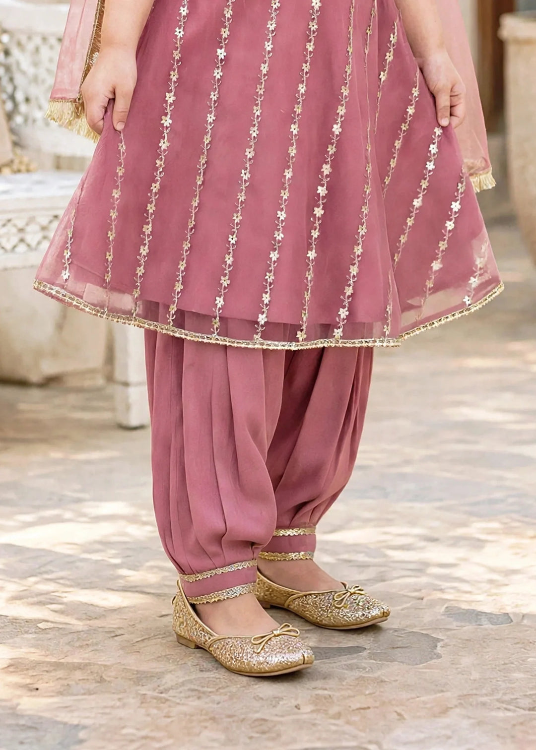Modest 3 Piece Net Embroidered Pink Frock