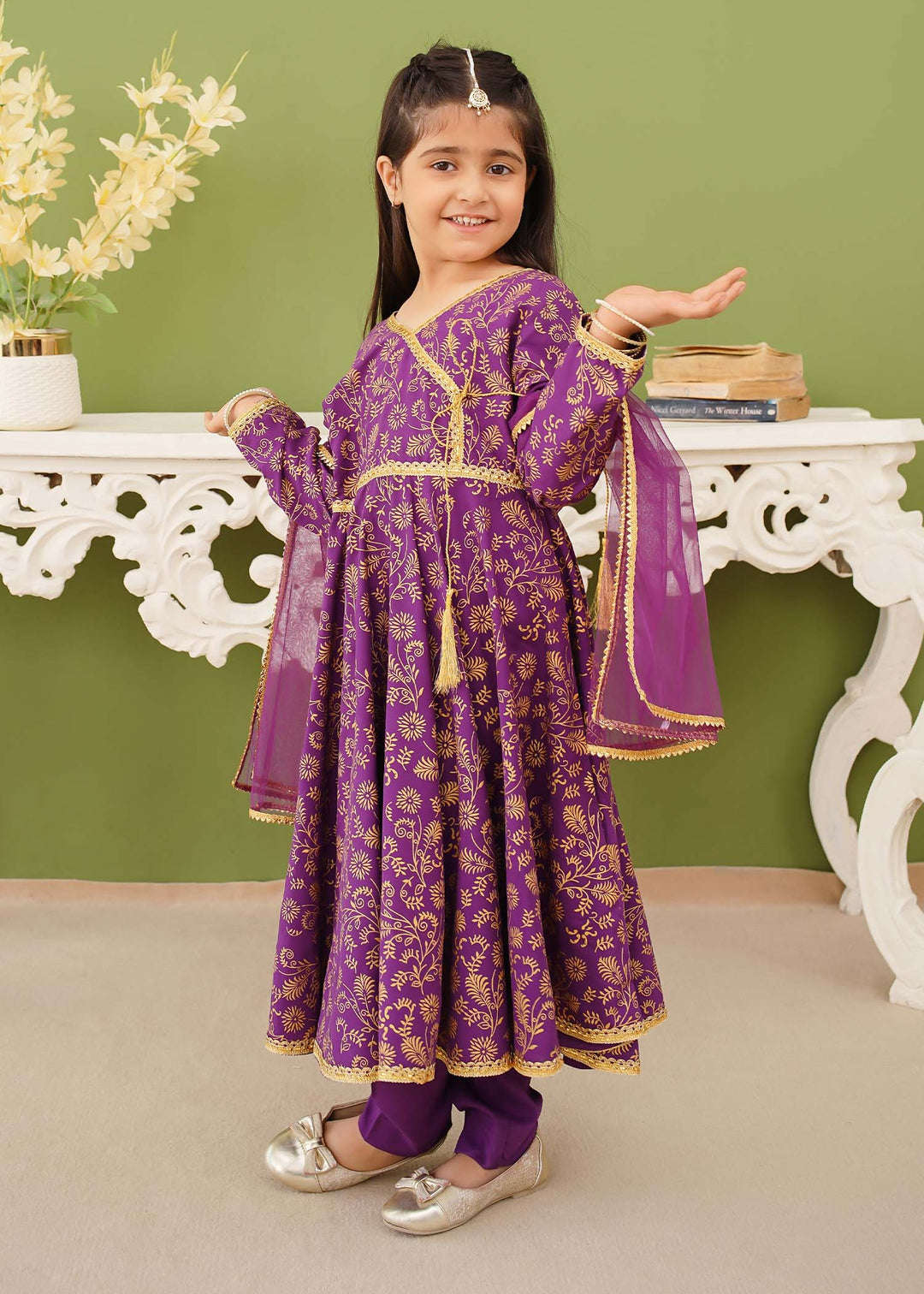 Modest - Linen Purple Printed - Girls 3 Piece Suit