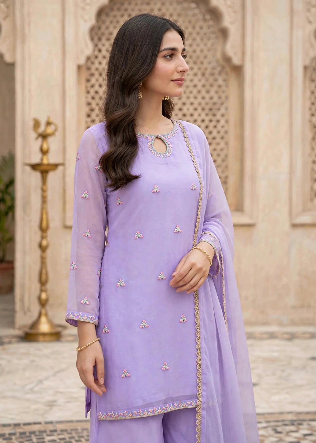 Modest Women 3 Piece Lavender Chiffon Gharara