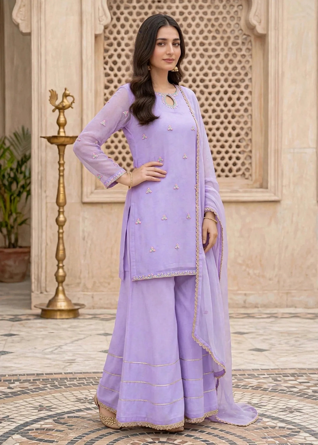 Modest Women 3 Piece Lavender Chiffon Gharara