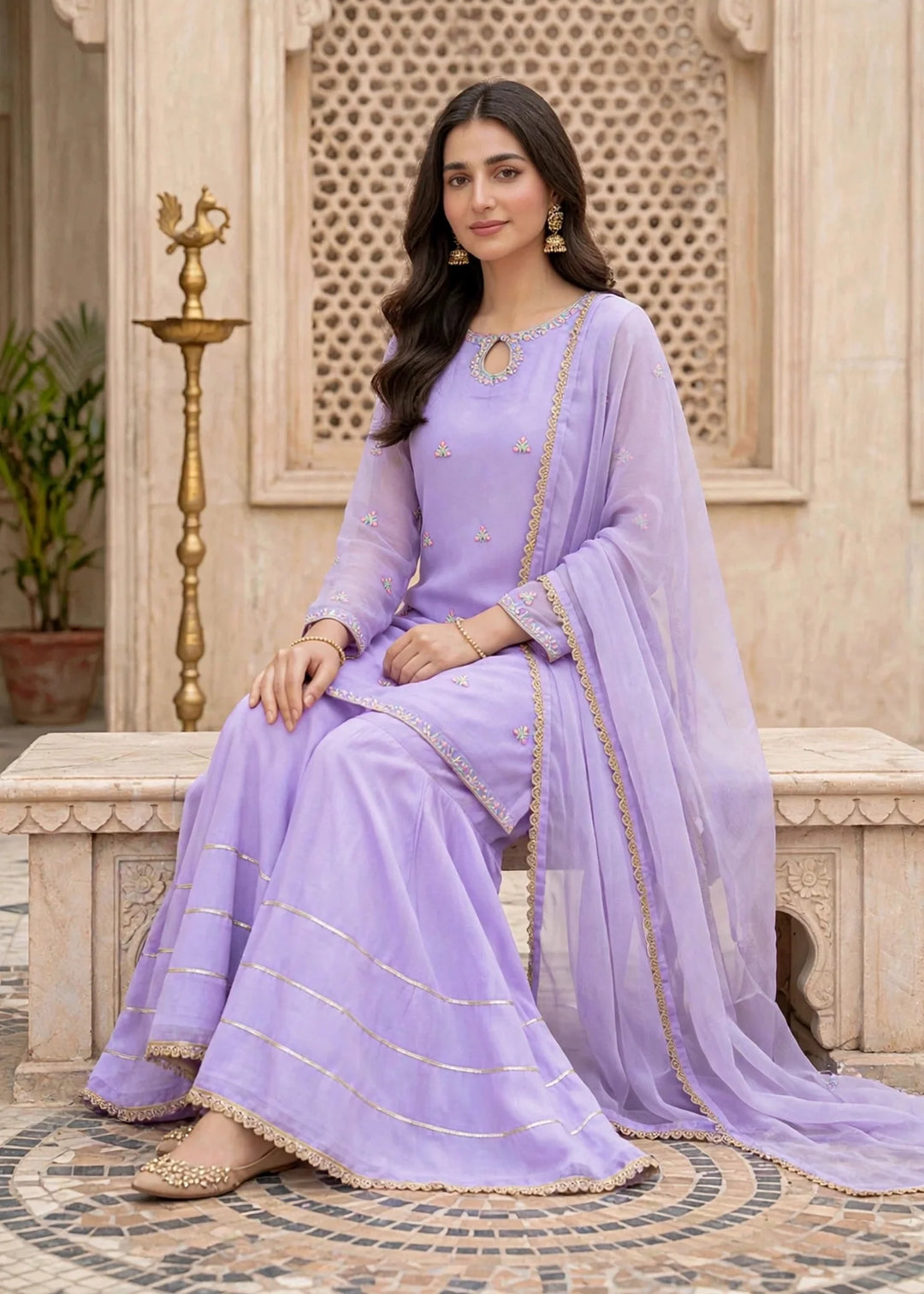 Modest Women 3 Piece Lavender Chiffon Gharara