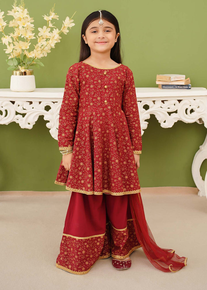 Modest - Maroon Printed Linen Gharara - Girls 3 Piece Suit