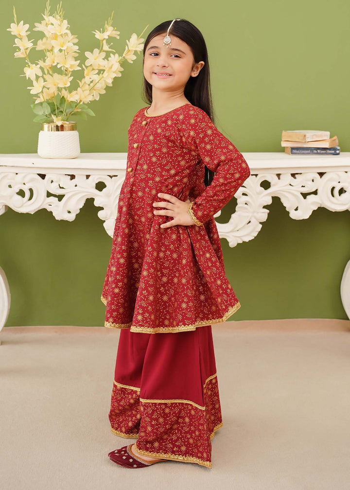 Modest - Maroon Printed Linen Gharara - Girls 3 Piece Suit