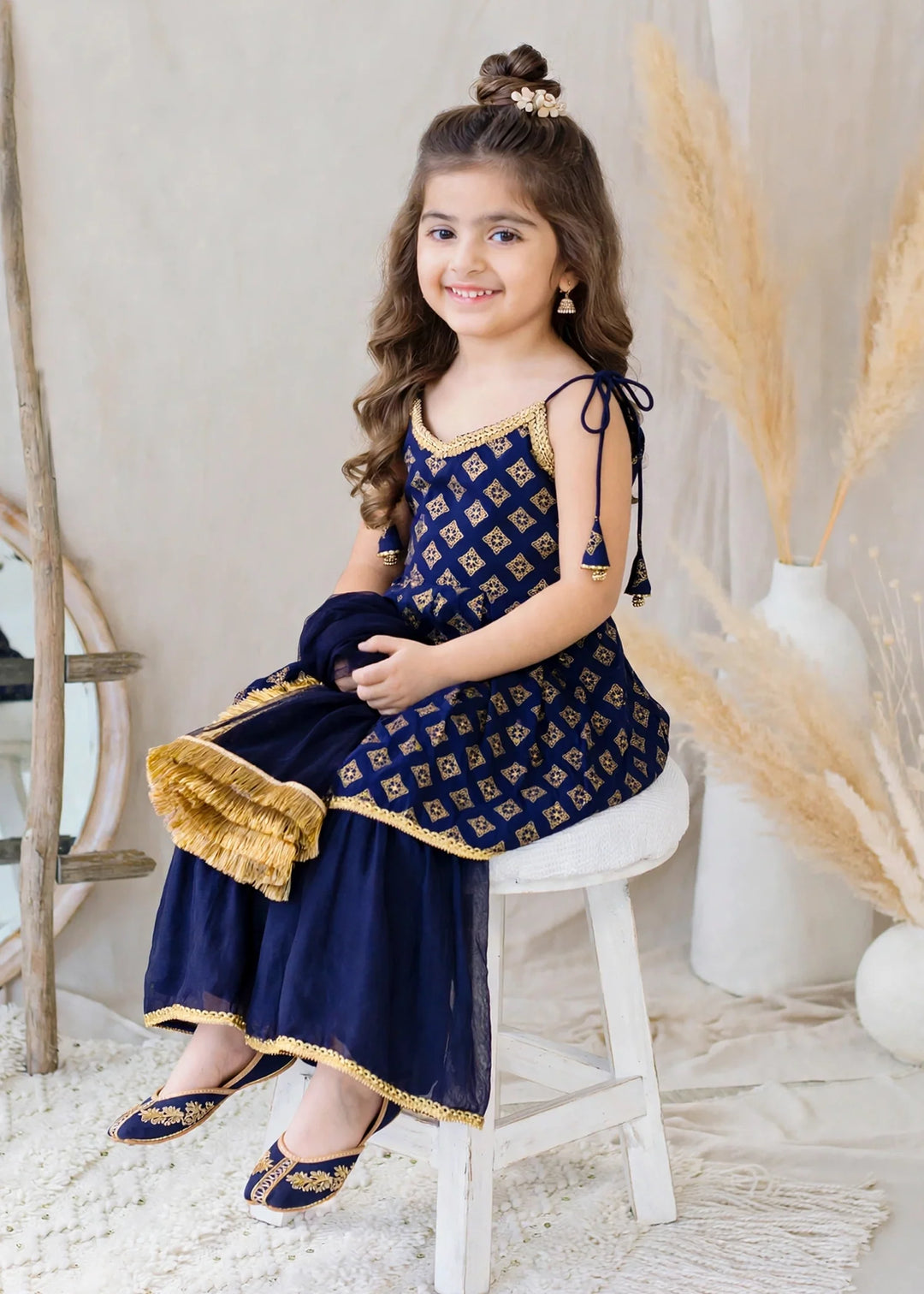 Modest 3 Piece Printed Rawsilk Blue Gharara