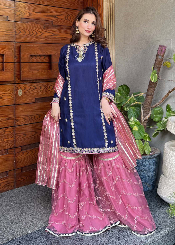 Modest - Gulnoor Rawsilk Gharara Suit For Women - Blue - 3 Piece