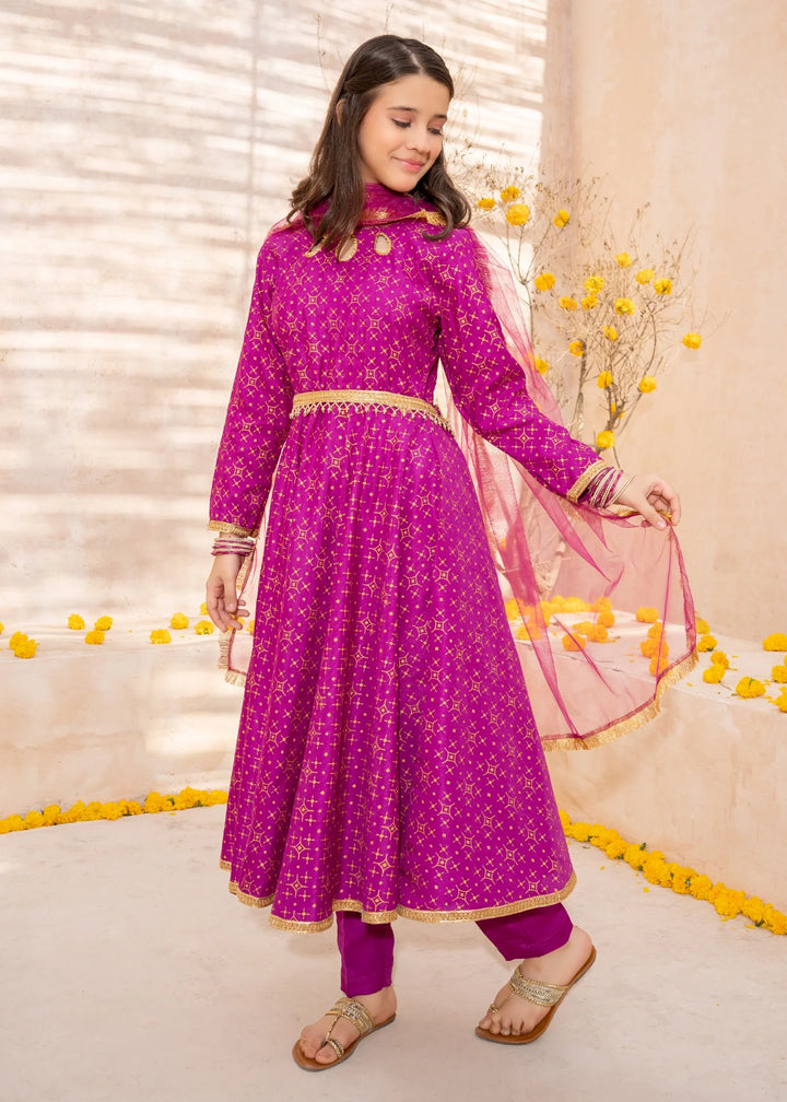 Modest - Purple Rawsilk Printed Frock For Girl - 3 Piece