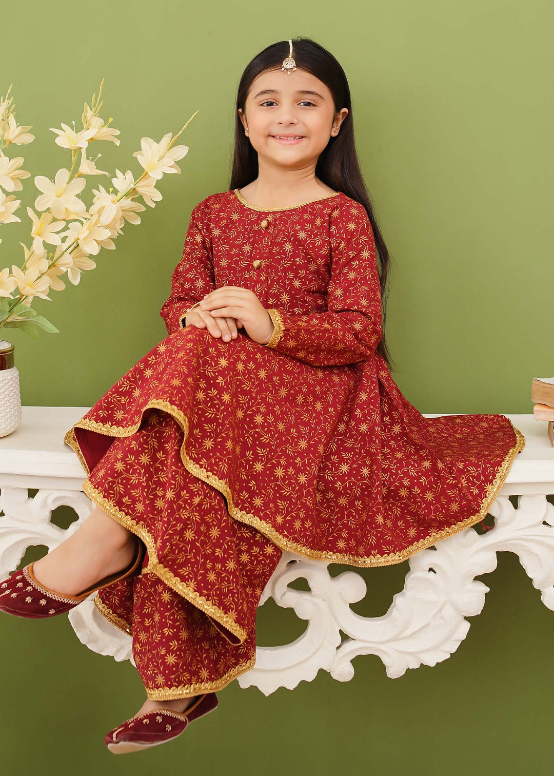 Modest - Maroon Printed Linen Gharara - Girls 3 Piece Suit