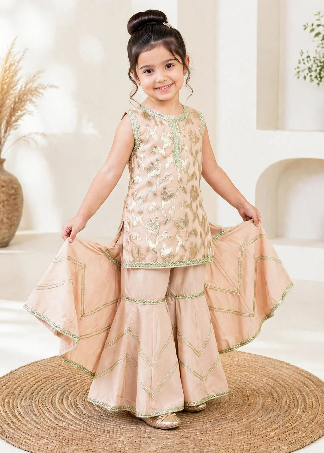 Modest 3 Piece Textured Banarsi Peach Gharara