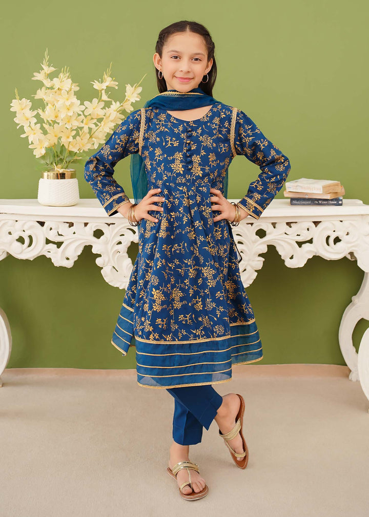 Modest - Blue Linen Printed - Girls 3 Piece Suit