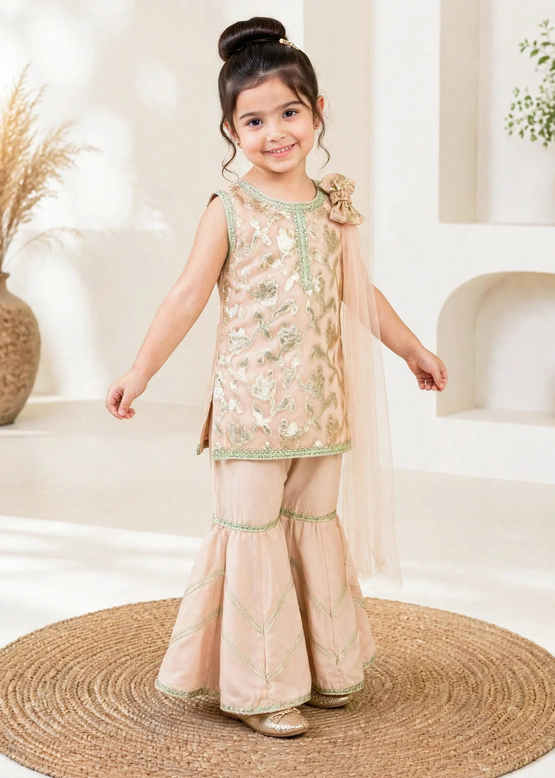 Modest 3 Piece Textured Banarsi Peach Gharara