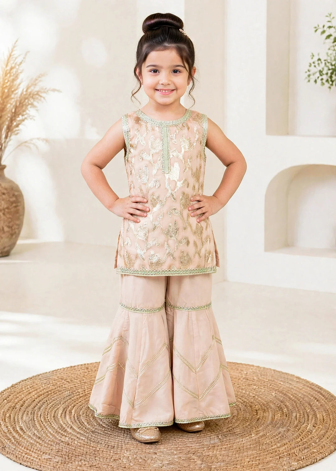 Modest 3 Piece Textured Banarsi Peach Gharara
