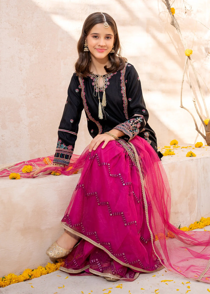 Modest - Rawsilk Embroidered Gharara For Girl - Black - 3 Piece