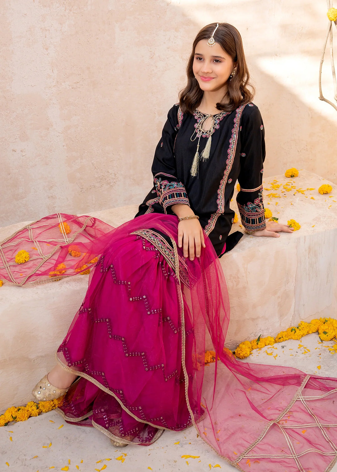 Modest - Rawsilk Embroidered Gharara For Girl - Black - 3 Piece