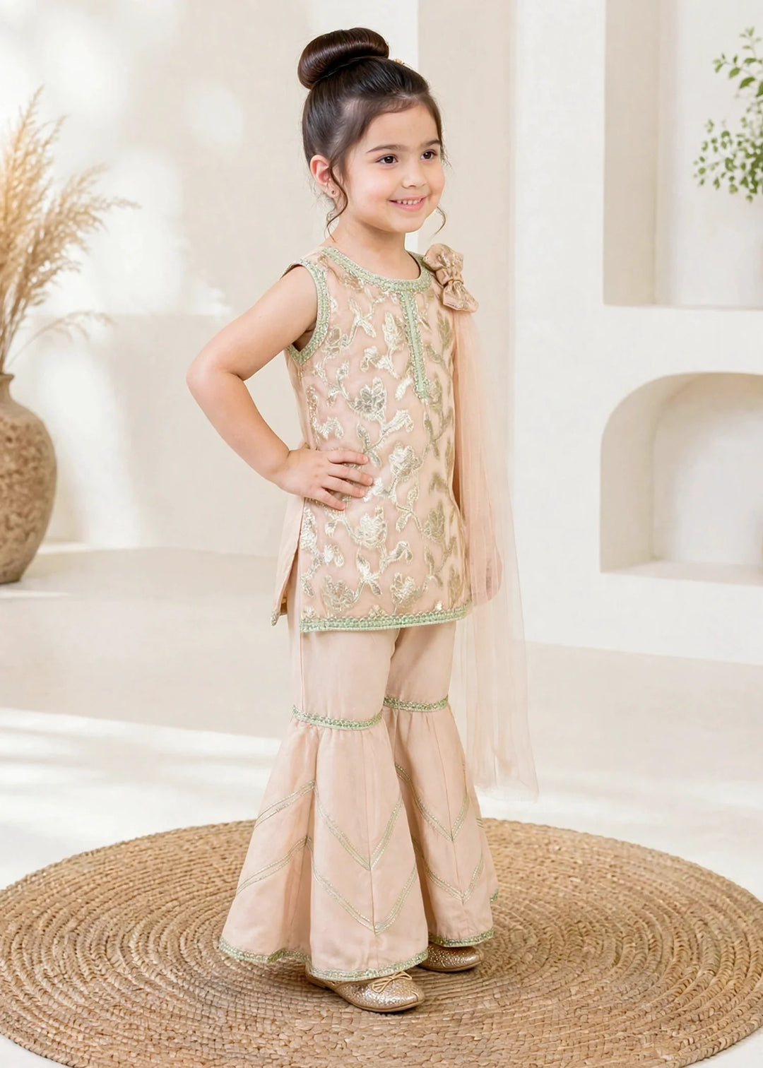 Modest 3 Piece Textured Banarsi Peach Gharara