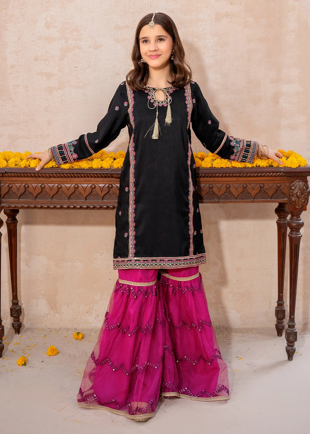 Modest - Rawsilk Embroidered Gharara For Girl - Black - 3 Piece
