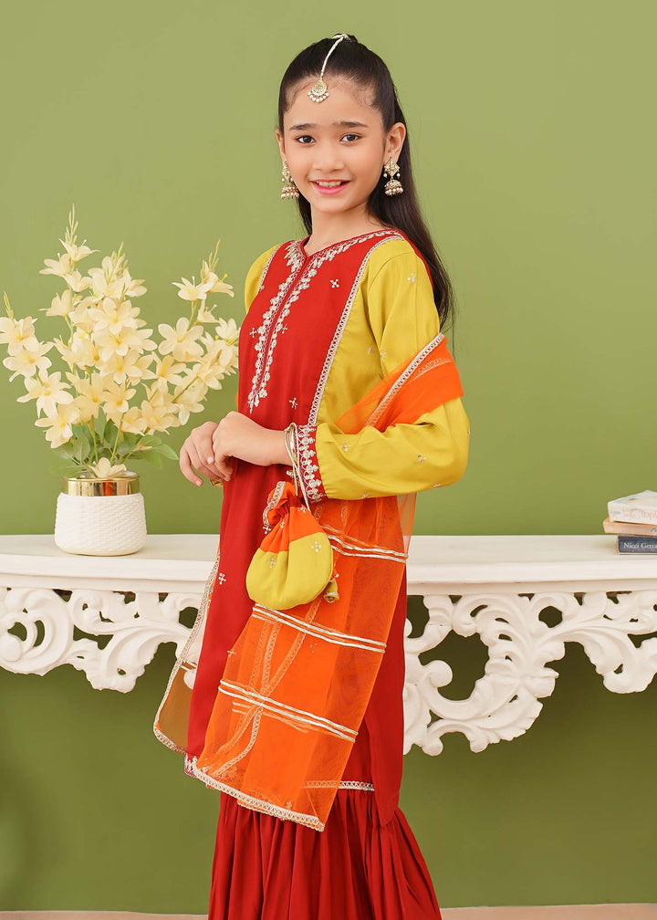 Modest - Embroidered Raw Silk Gharara - Girls 3 Piece Suit