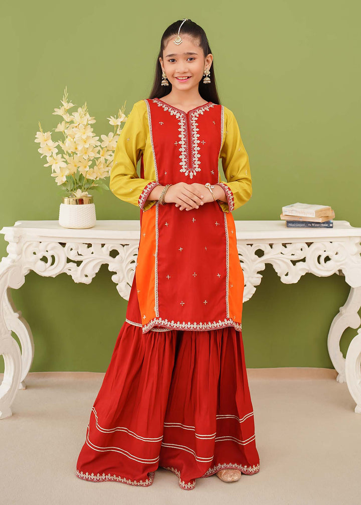 Modest - Embroidered Raw Silk Gharara - Girls 3 Piece Suit