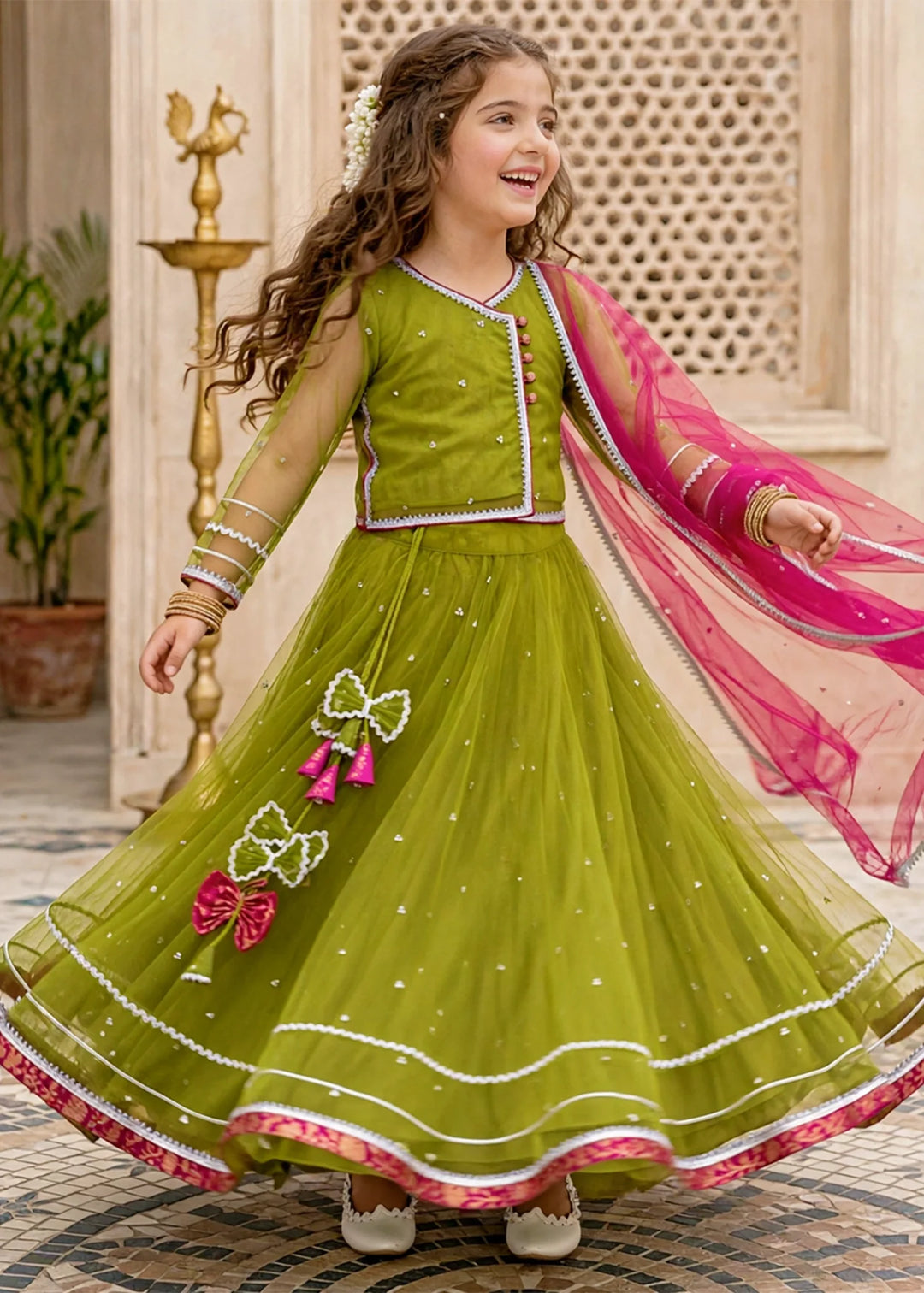 Modest Girls 3 Piece Green Net Lehenga
