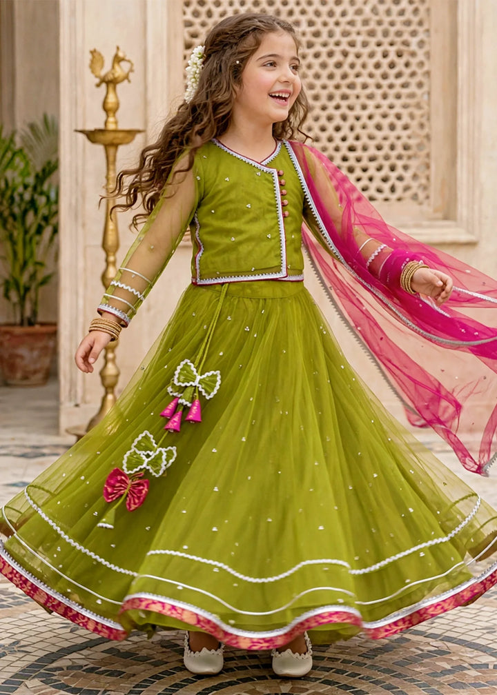Modest Girls 3 Piece Green Net Lehenga
