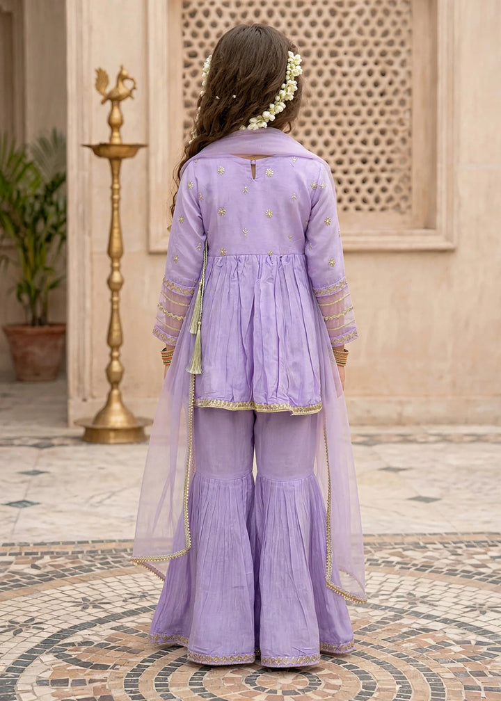 Modest Girls 3 Piece Cotton Silk Embroidered Anghrakha Dress Purple