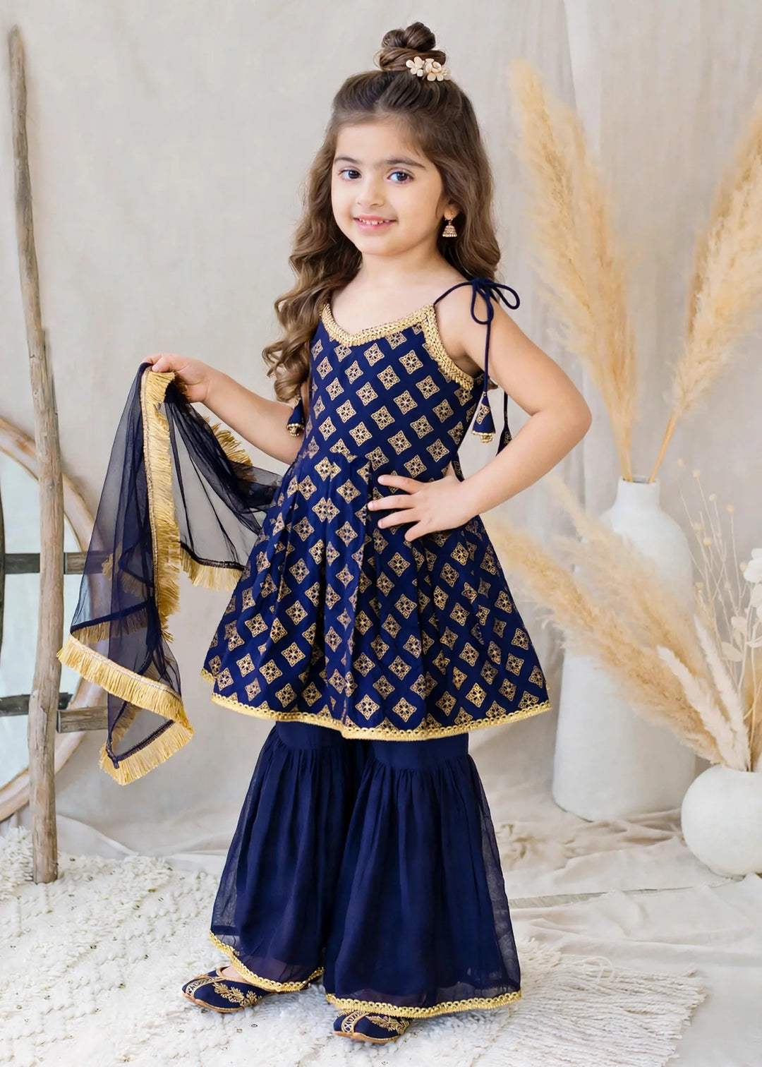 Modest 3 Piece Printed Rawsilk Blue Gharara