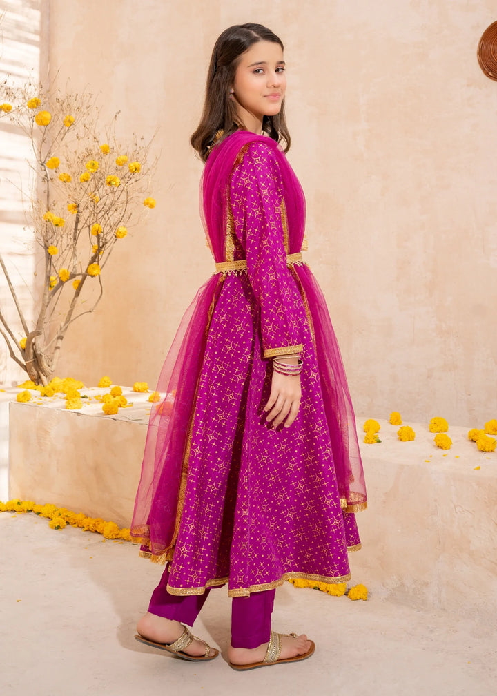 Modest - Purple Rawsilk Printed Frock For Girl - 3 Piece