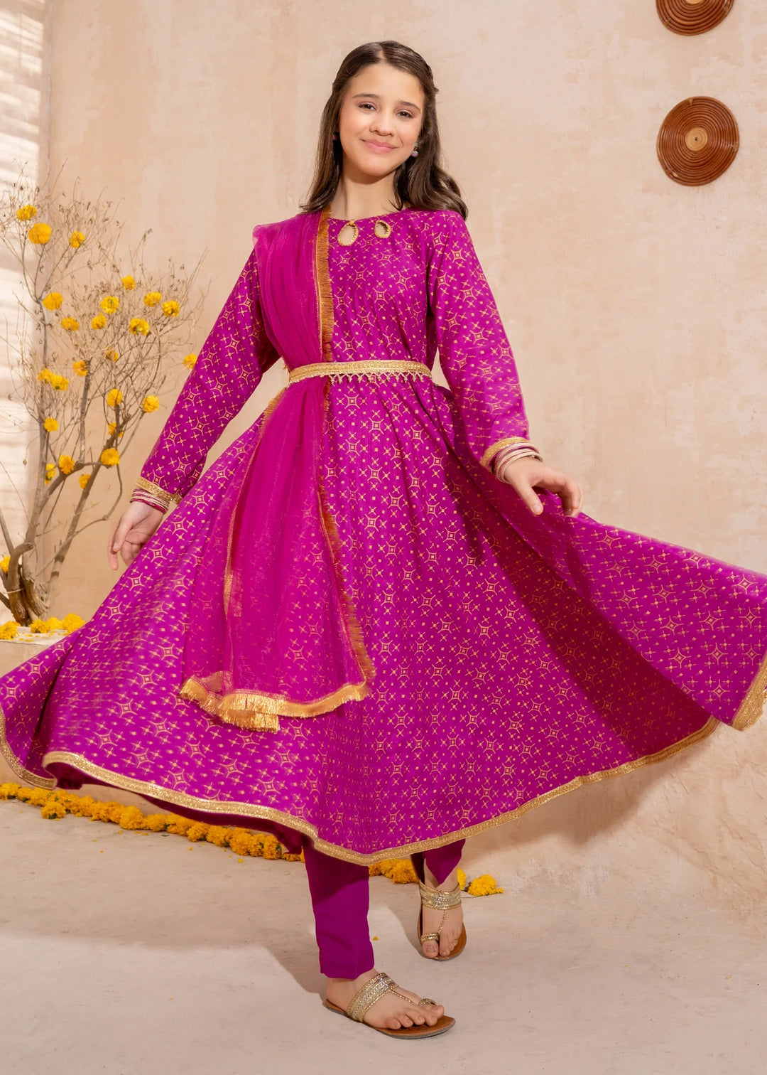 Modest - Purple Rawsilk Printed Frock For Girl - 3 Piece