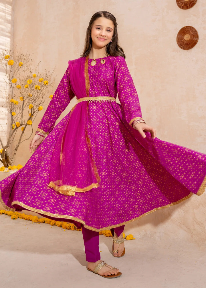 Modest - Purple Rawsilk Printed Frock For Girl - 3 Piece