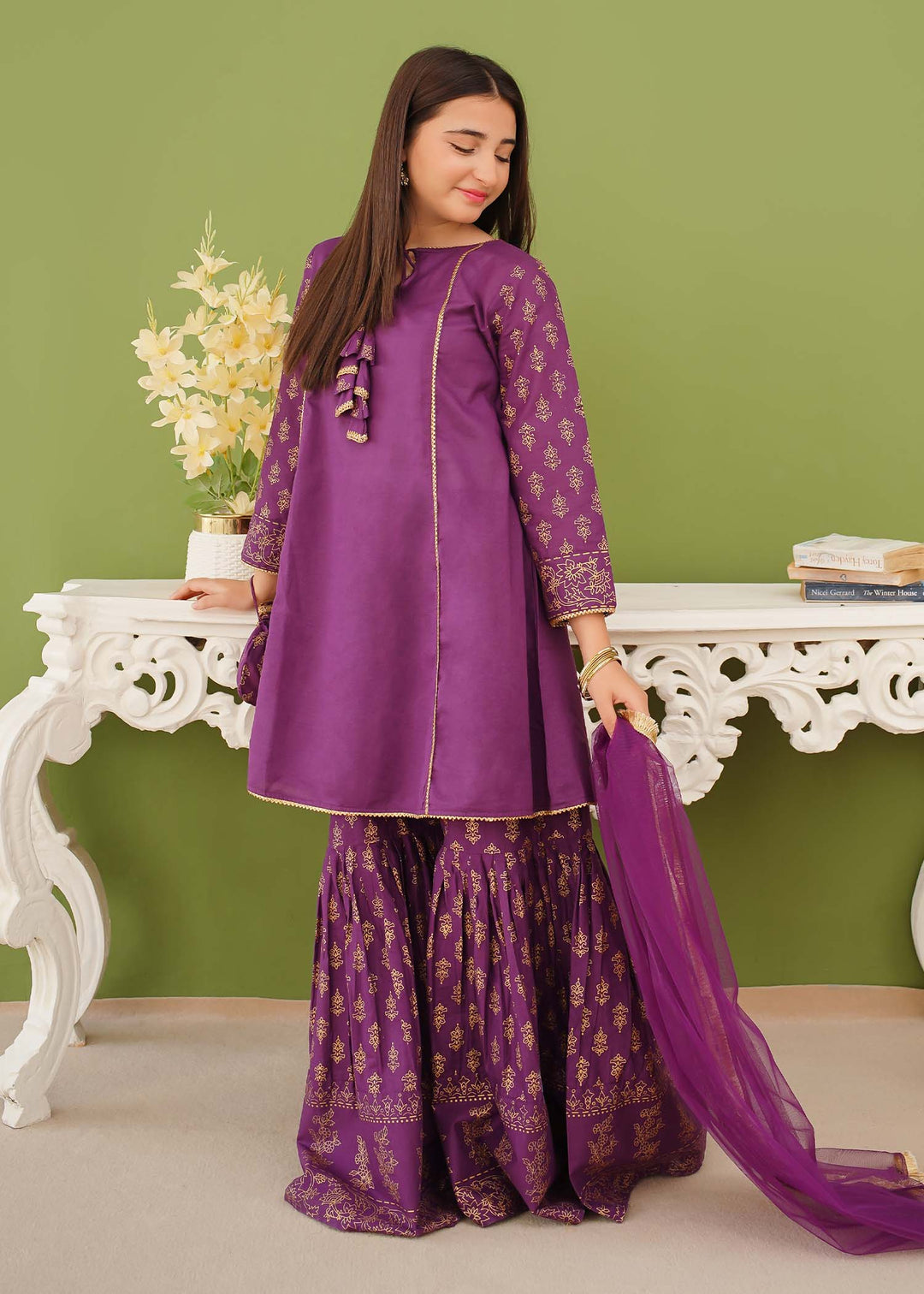 Modest - Purple Printed Cotton Gharara - Girls 3 Piece Suit