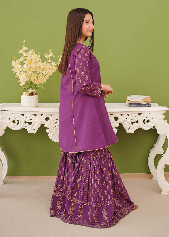 Modest - Purple Printed Cotton Gharara - Girls 3 Piece Suit