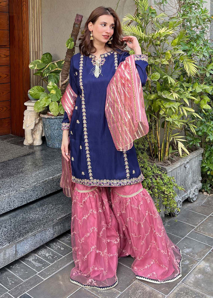 Modest - Gulnoor Rawsilk Gharara Suit For Women - Blue - 3 Piece