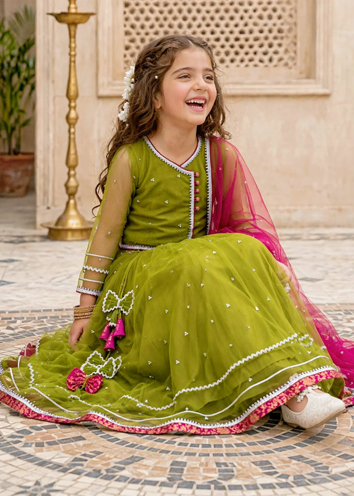 Modest Girls 3 Piece Green Net Lehenga