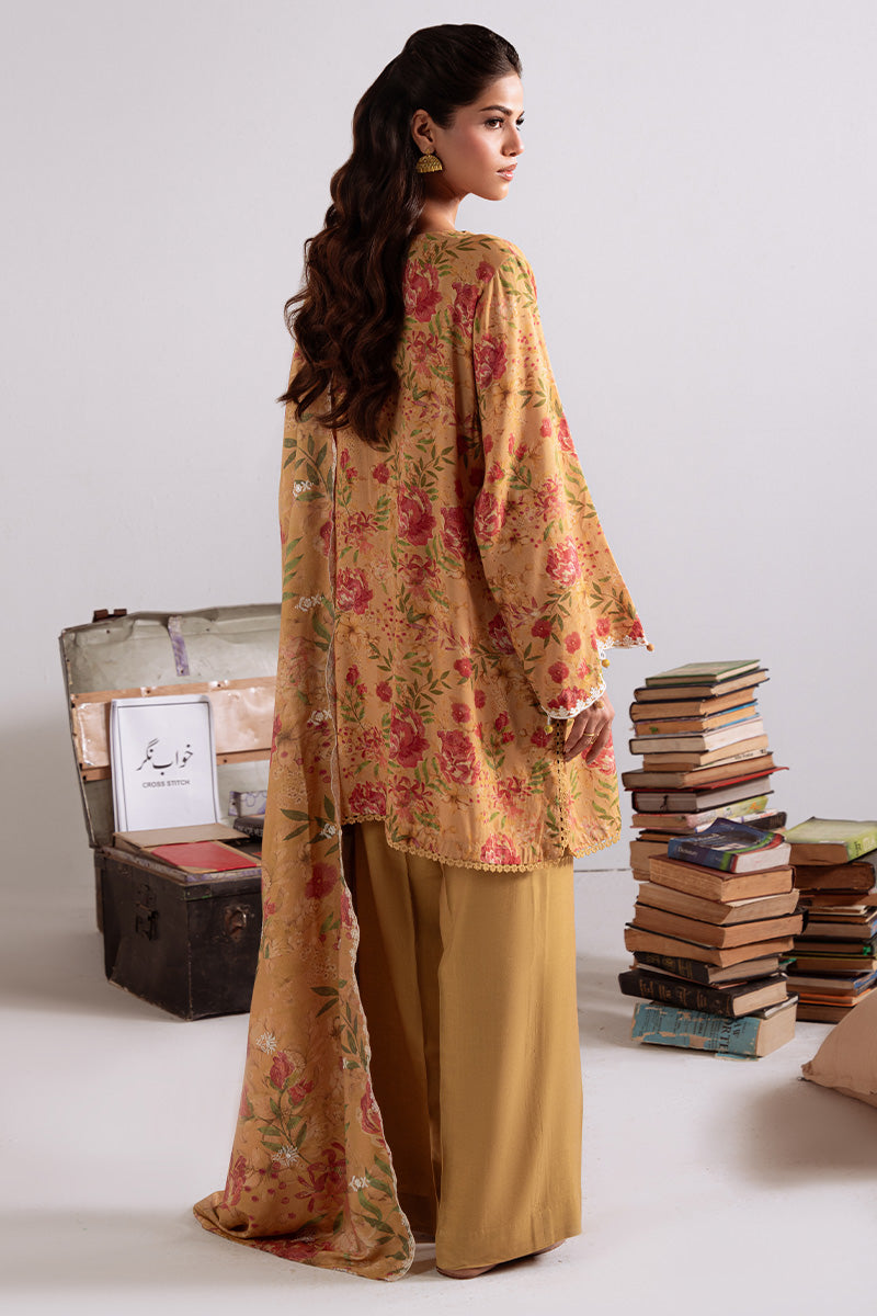 Cross Stitch - Mustard Orchid - Linen Printed Suit - 3 Piece - Unstitch