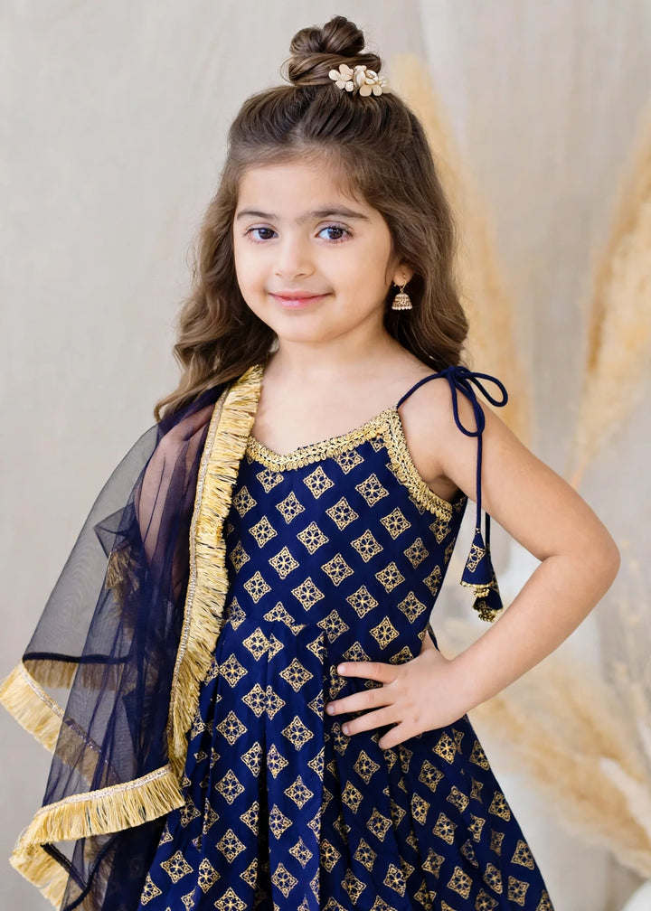 Modest 3 Piece Printed Rawsilk Blue Gharara