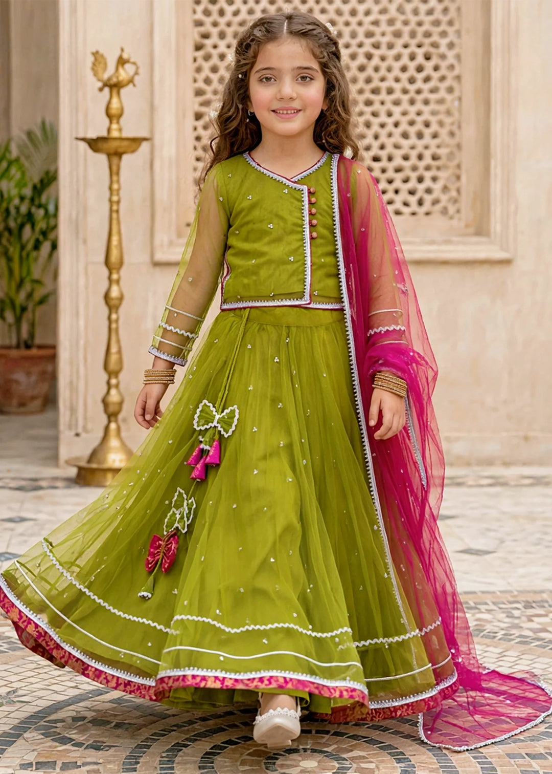 Modest Girls 3 Piece Green Net Lehenga