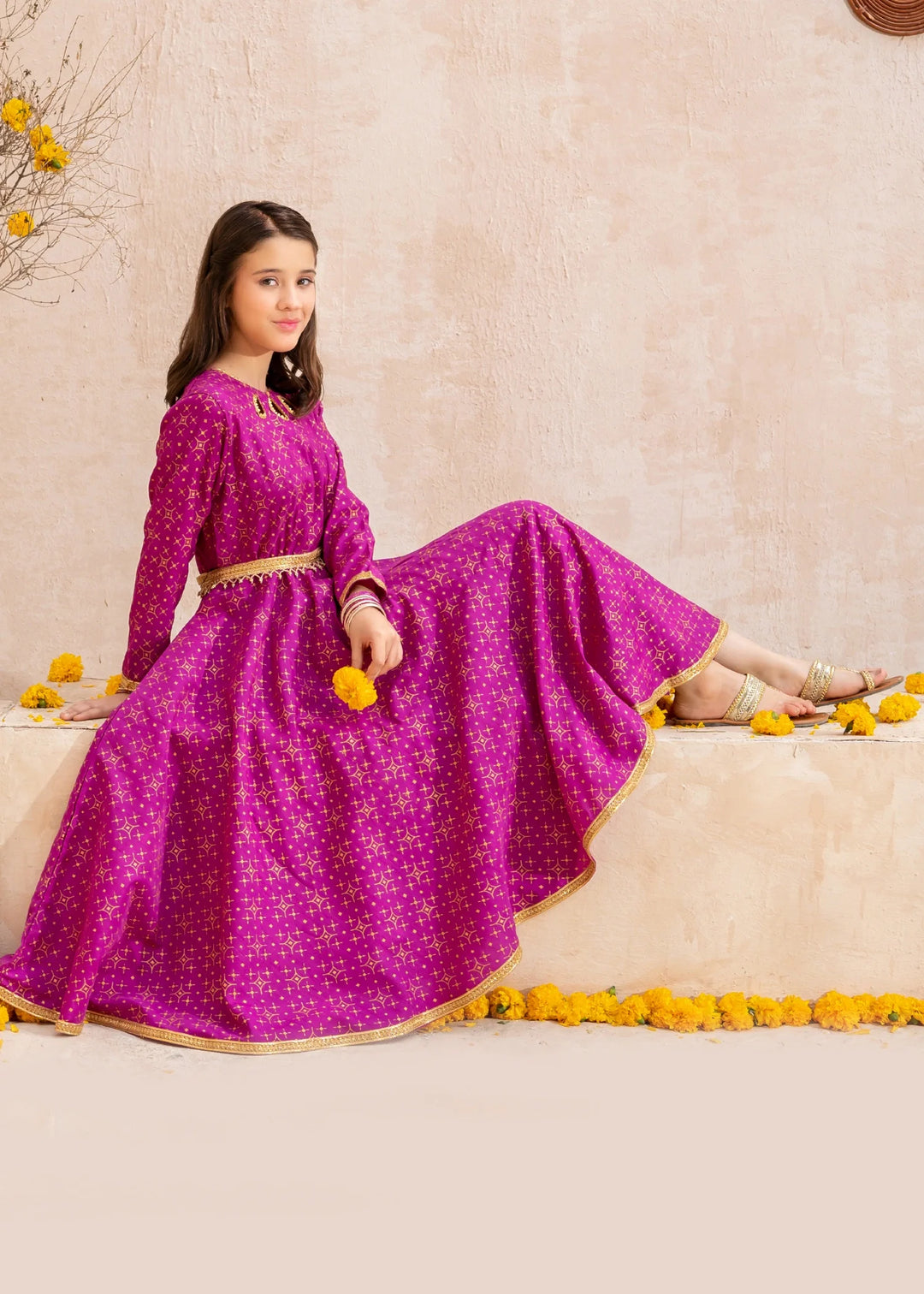 Modest - Purple Rawsilk Printed Frock For Girl - 3 Piece