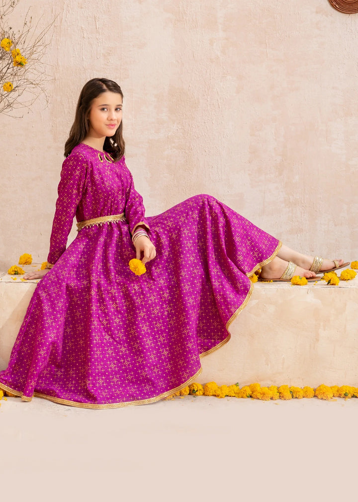 Modest - Purple Rawsilk Printed Frock For Girl - 3 Piece