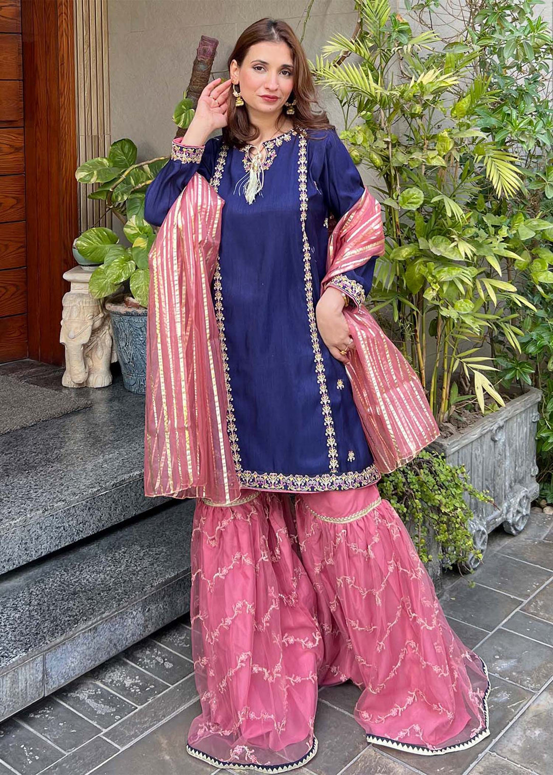 Modest - Gulnoor Rawsilk Gharara Suit For Women - Blue - 3 Piece