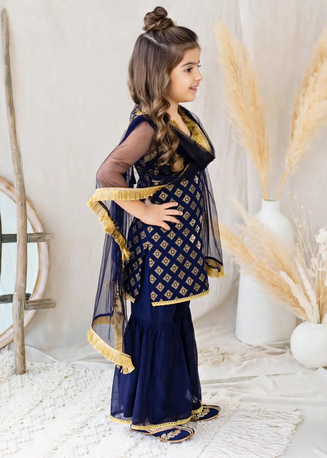 Modest 3 Piece Printed Rawsilk Blue Gharara