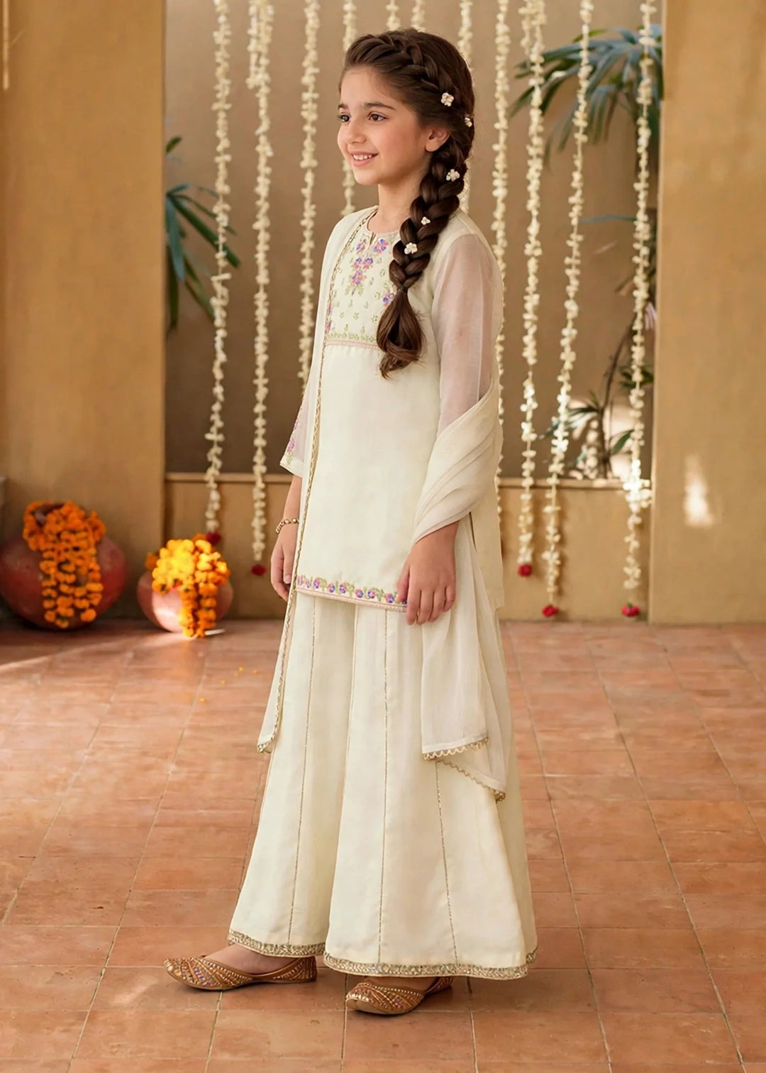Modest 3 Piece Off White Chiffon Embroidered Sharara