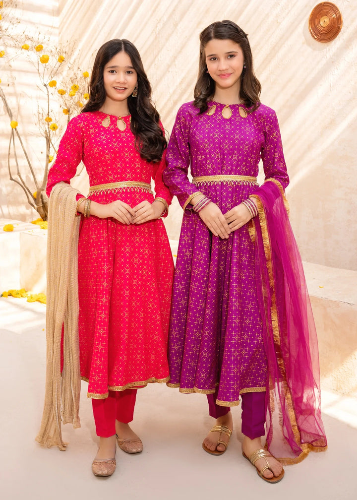 Modest - Purple Rawsilk Printed Frock For Girl - 3 Piece