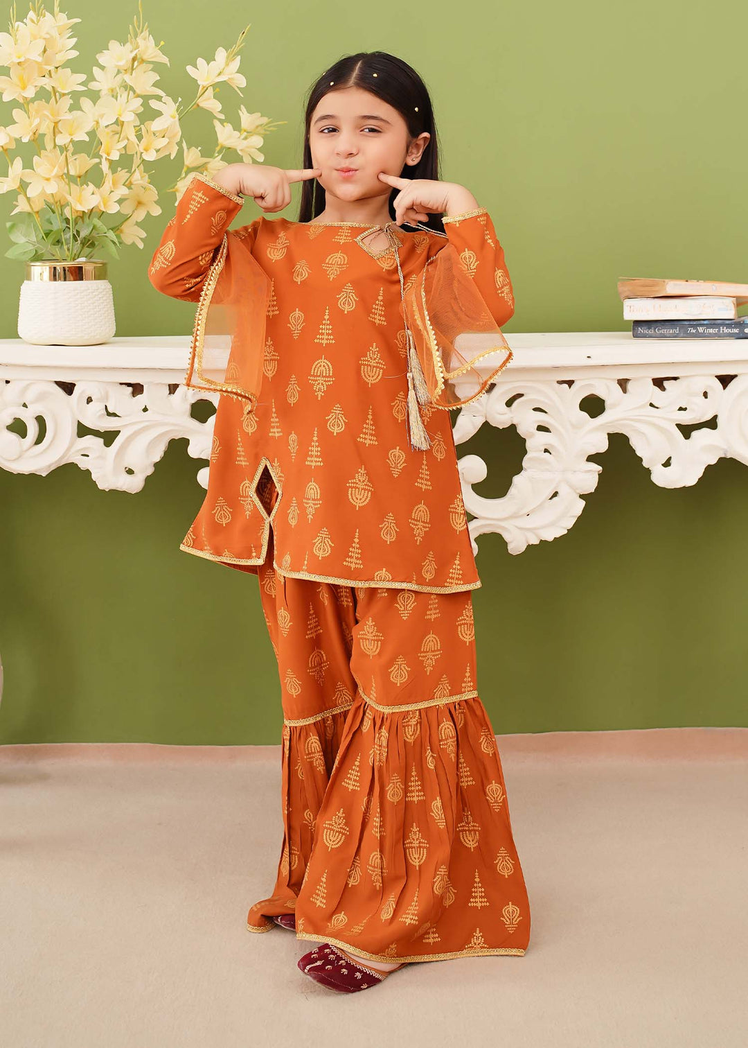 Modest - Printed Mustard Linen Gharara - Girls 3 Piece Suit