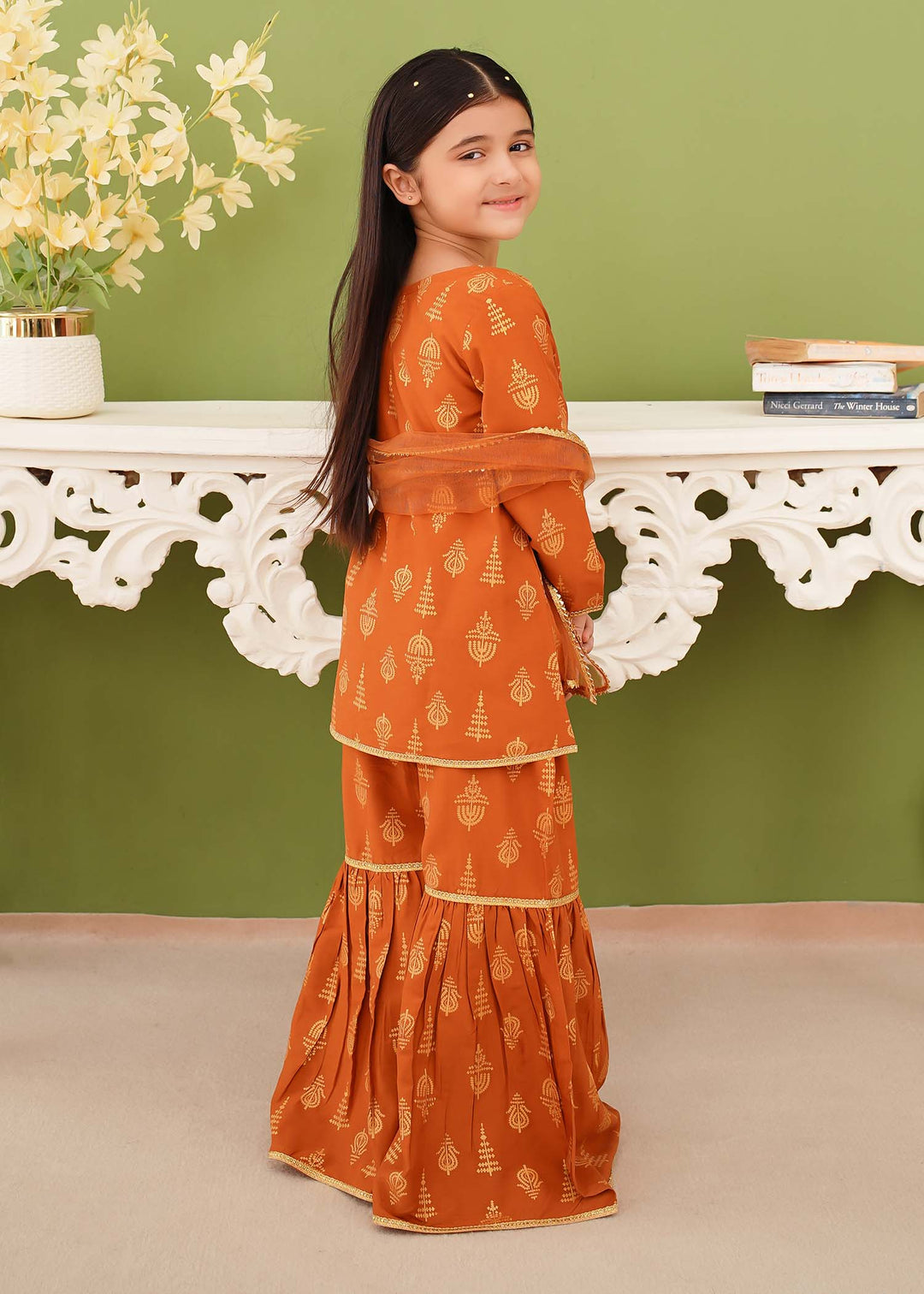 Modest - Printed Mustard Linen Gharara - Girls 3 Piece Suit