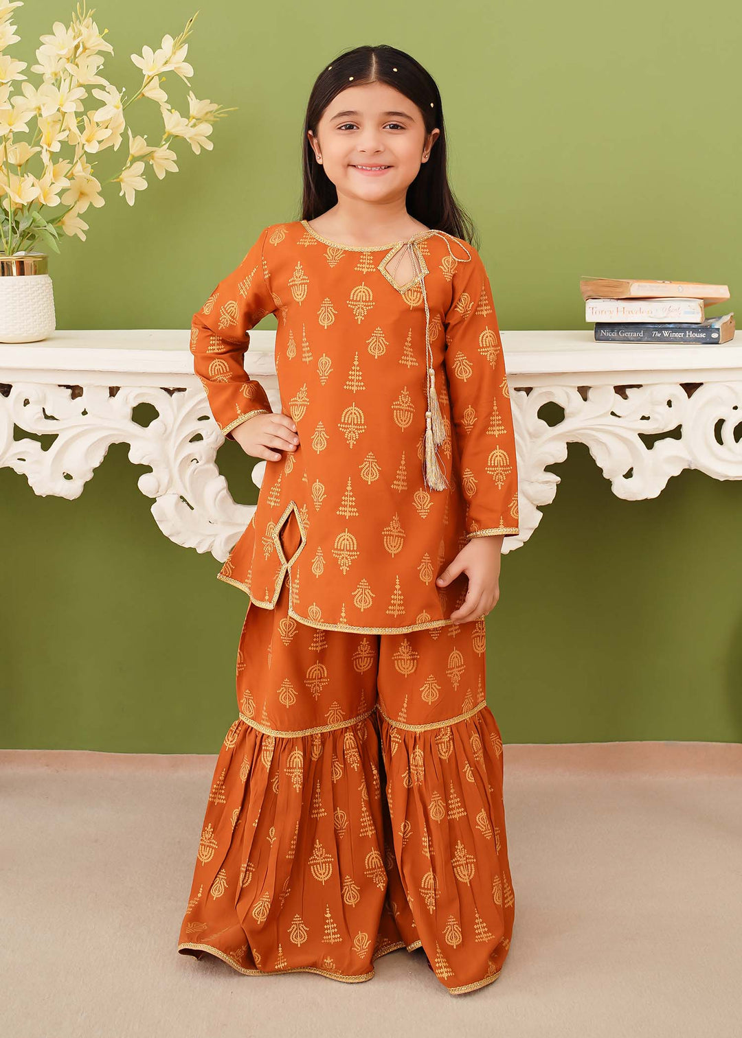 Modest - Printed Mustard Linen Gharara - Girls 3 Piece Suit